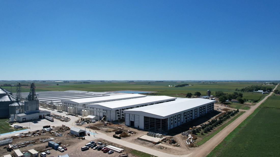Aerial view of the layer facility buildings and grain bins in Iowa under a clear sky