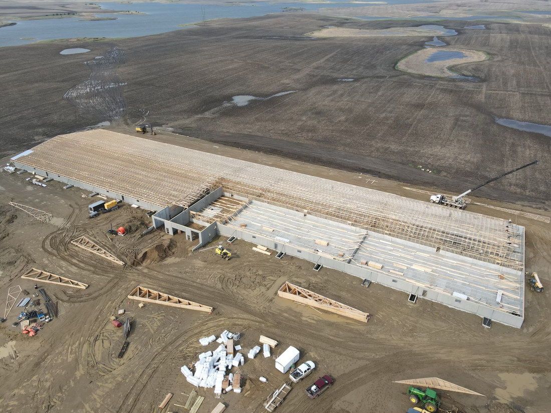 Aerial view of roof trusses and framing going up on a long wood frame ag building in South Dakota